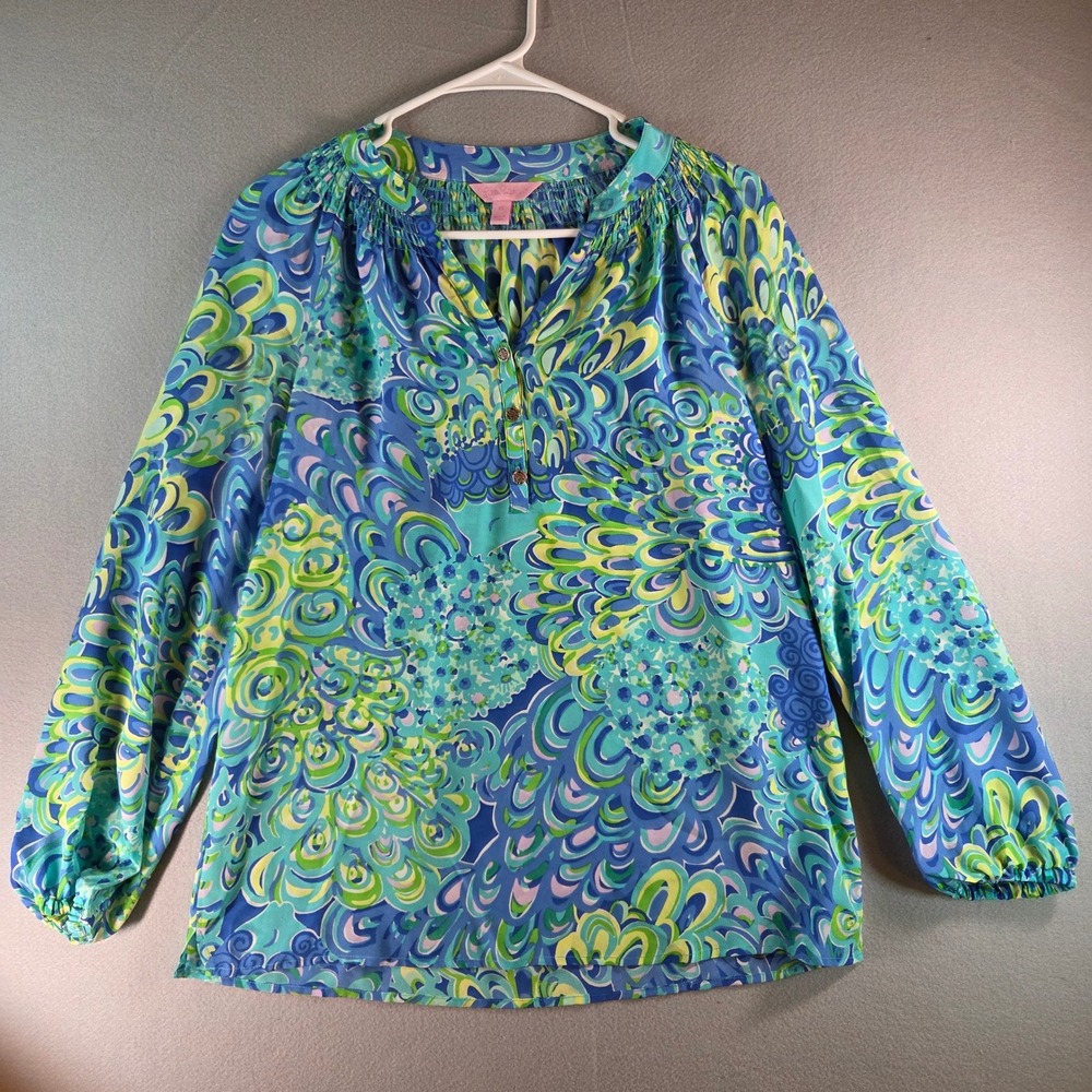 Lilly Pulitzer Elsa 100% Silk‎ Top XS Lilly's Lagoon Smocked Blouse Preppy FLAW